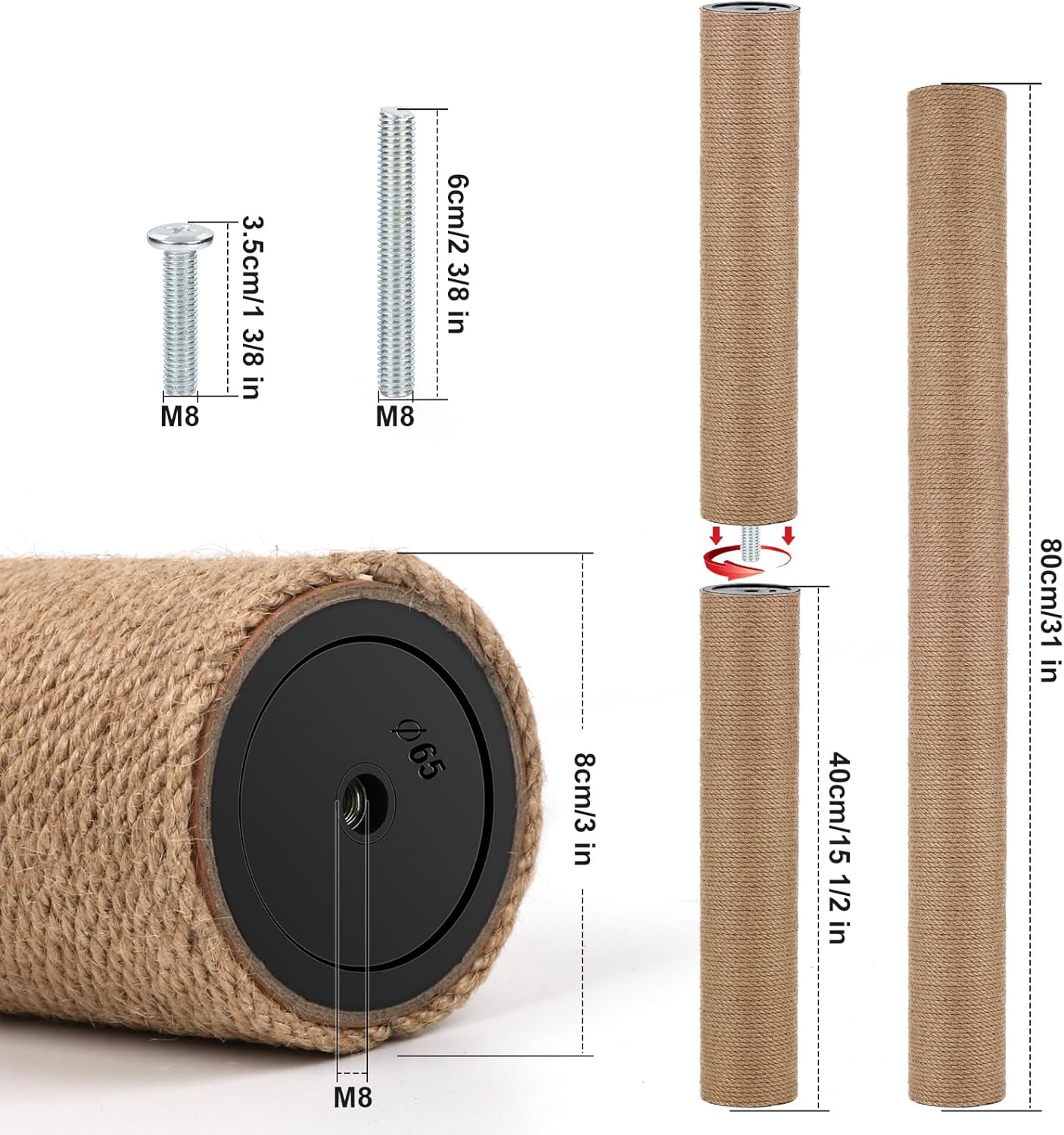 4 PCS M8 Cat Scratching Post Replacement, 15.7 x 3.1 Inches Cat Tree Replacement Post-Natural Jute Pole for Indoor Cats with M8 Screws, for Kitten Tree Tower Spare Cat Furniture Accessories